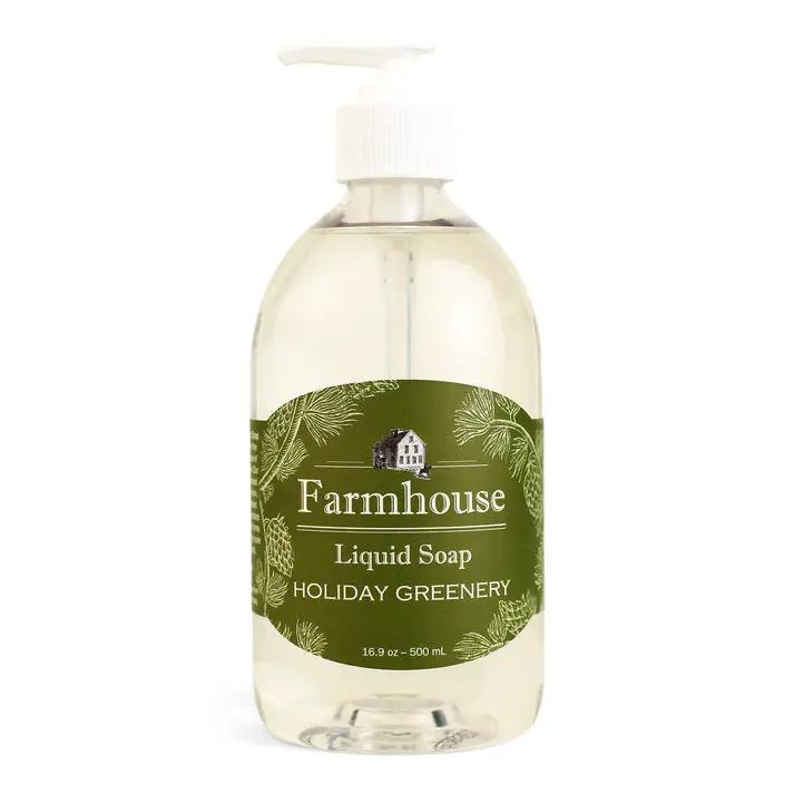 Liquid Hand Soap Farmhouse Holiday Greenery 16.9 oz bottle with green label on Tampa Home & Garden Store