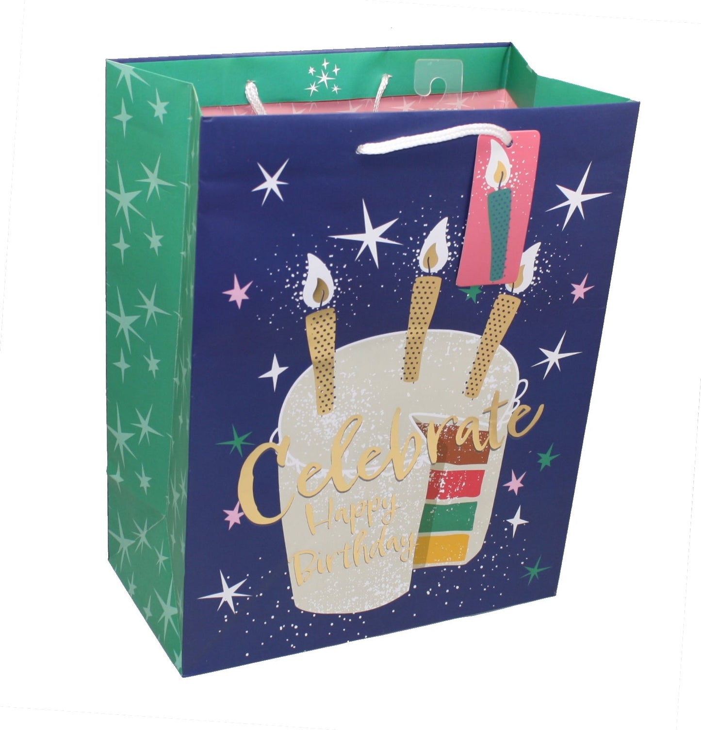 Gift bag Happy Birthday Gift Bag With Candles, navy blue with candle motif, white rope handle on Tampa Home & Garden Store