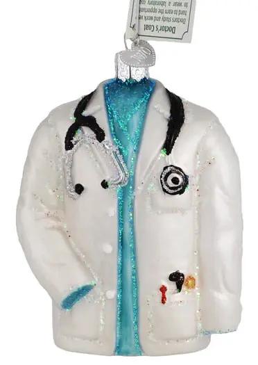 Doctors coat glass ornament with teal scrubs and stethoscope, The Country Christmas Loft on Tampa Home & Garden Store