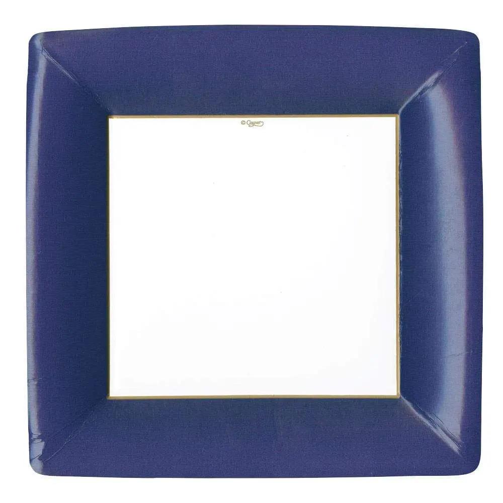 Square navy grosgrain border paper dinner plate with gold-edged white center, 8-pack on Tampa Home & Garden Store