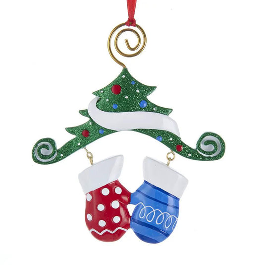 Dangling Mittens Family Ornament, pair of red and blue mittens with white cuffs on a green tree on Tampa Home & Garden Store