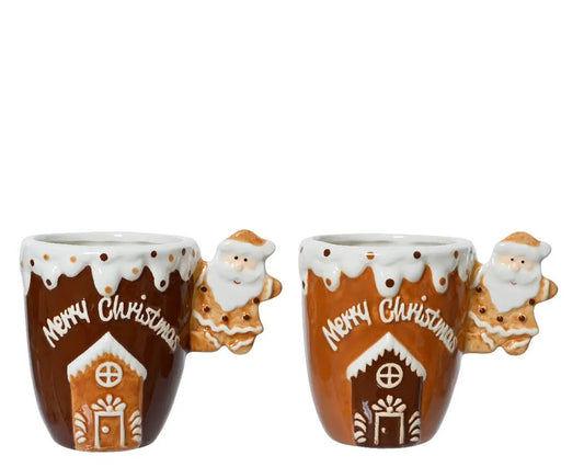 Festive gingerbread mugs by The Country Christmas Loft, Santa handles, house motif, 2 mugs on Tampa Home & Garden Store