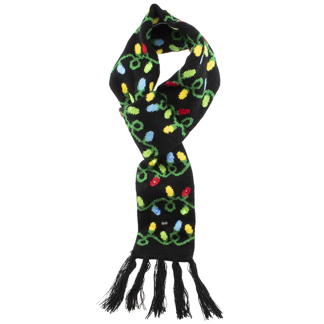 Battery-Operated LED Christmas knit scarf black with bulbs and fringe on Tampa Home & Garden Store