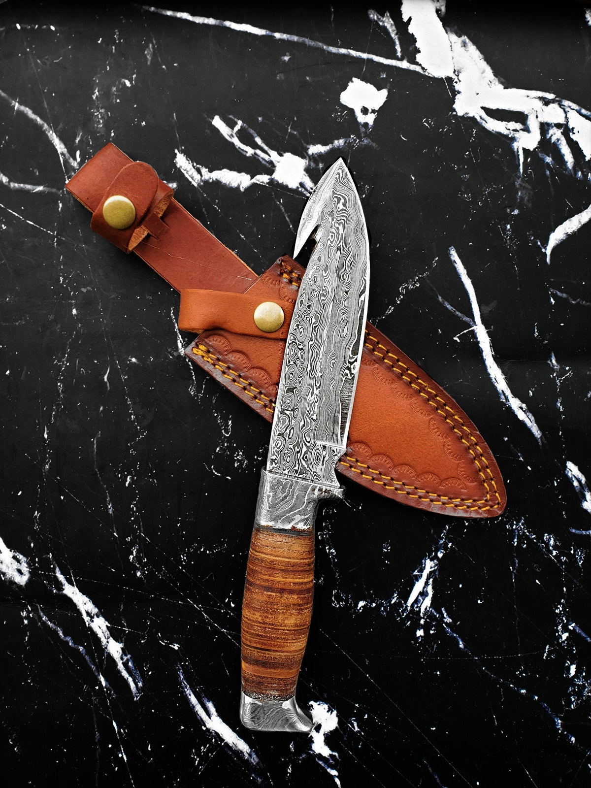 Damascus steel hunting knife with gut hook, stacked leather handle in brown sheath Titan K on Tampa Home & Garden Store