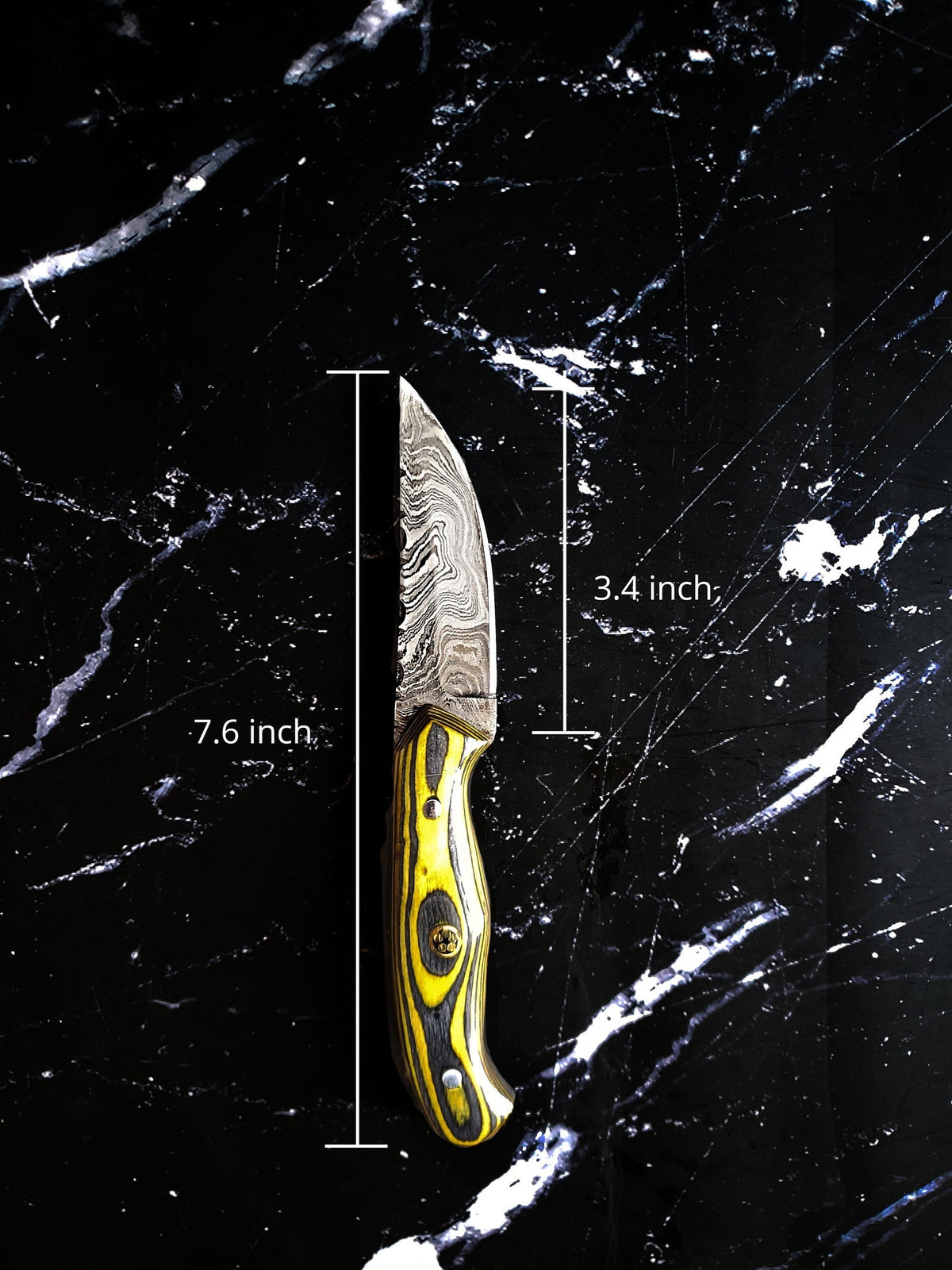 Damascus steel knife Titan Intl K with yellow/black handle, 3.4 in blade, 7.6 in overall length on Tampa Home & Garden Store