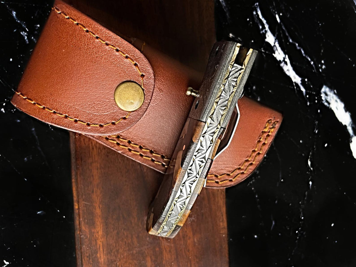 Raindrop Damascus Titan folding knife with walnut & olive checkered handle and leather sheath on Tampa Home & Garden Store