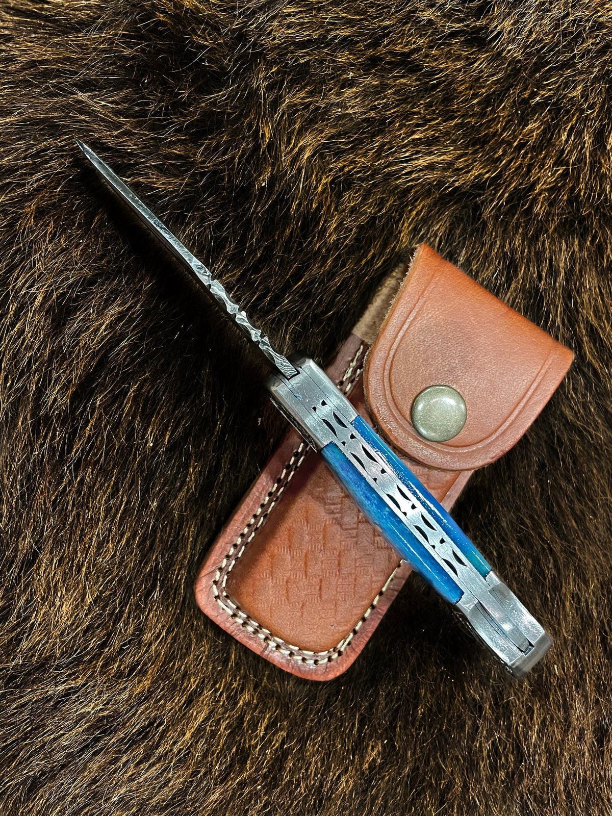 Pocket knife with blue dyed bone handle and Damascus blade, TF-010B back lock by Titan K on Tampa Home & Garden Store