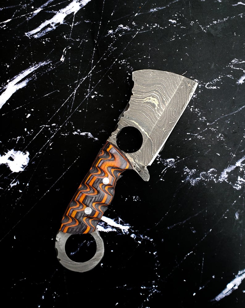 EDC mini cleaver with Damascus blade and orange-black handle with finger hole Titan Int'l K on Tampa Home & Garden Store
