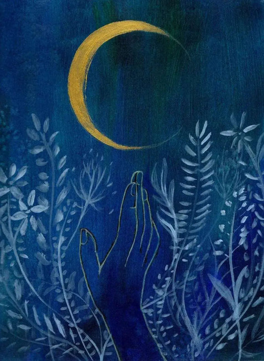 Flower Moon Art Print on Canon Pro Luster Paper with gold crescent and hands beneath foliage on Tampa Home & Garden Store