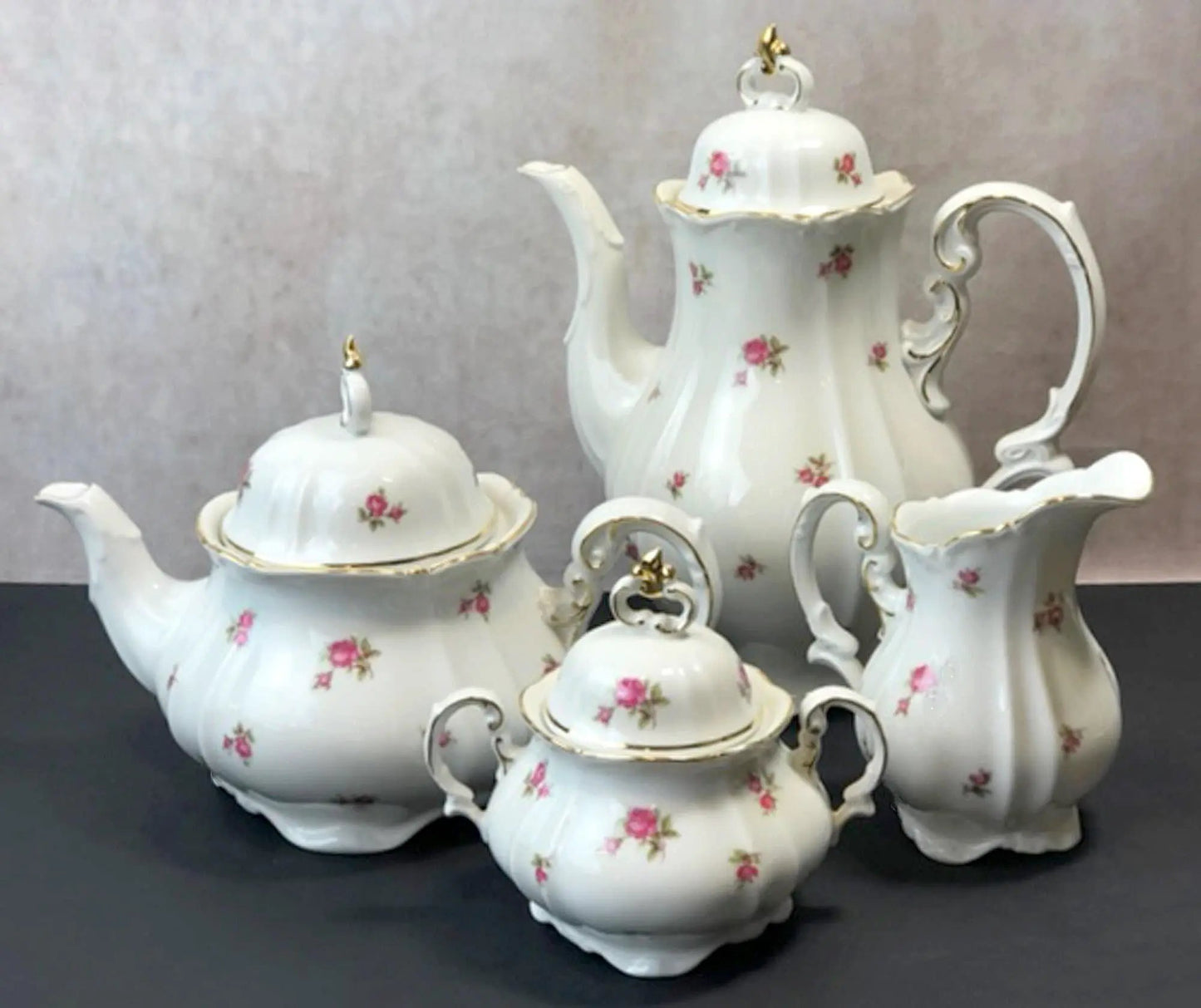 Antique Star Paragon tea set in white porcelain with roses, gold trim, 5 cups and saucers on Tampa Home & Garden Store