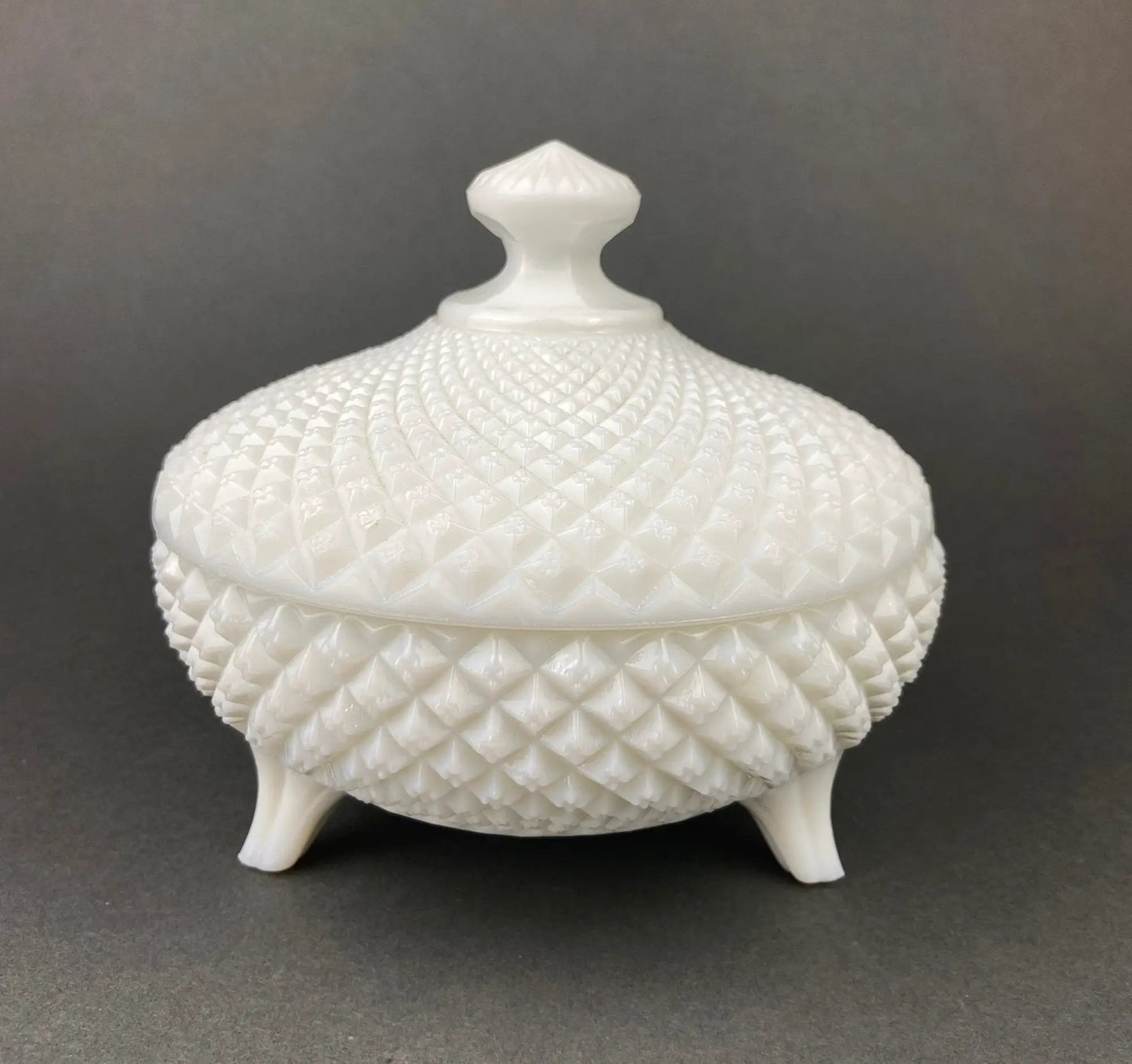 White milk glass salt shaker with hobnail pattern and ribbed lid knob on Tampa Home & Garden Store