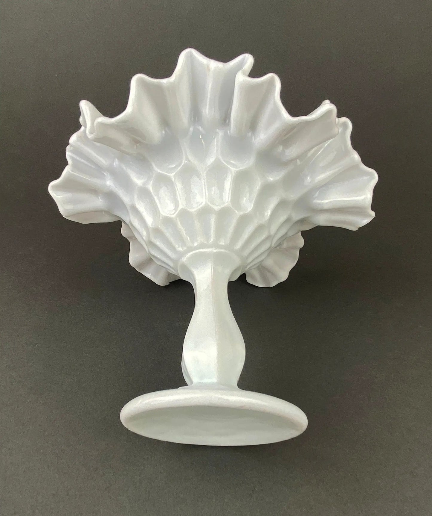 Fenton milk glass candy dish with a ruffled edge on a tall pedestal, white on Tampa Home & Garden Store