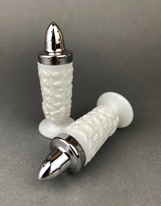 Milk Glass Salt and Pepper Shakers. Grape Vine Motif. - Tampa Home & Garden Store