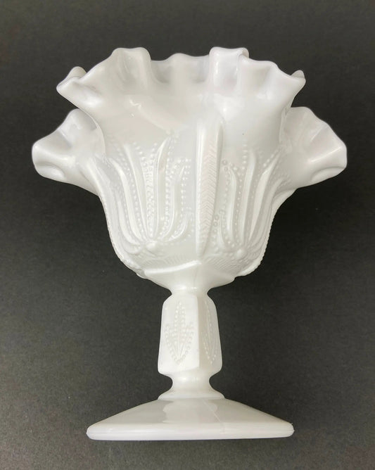 Milk Glass Candy Dish with Ruffled Edge. Vintage, White Trinket Dish. Footed Bowl with Floral Motif. - Tampa Home & Garden Store