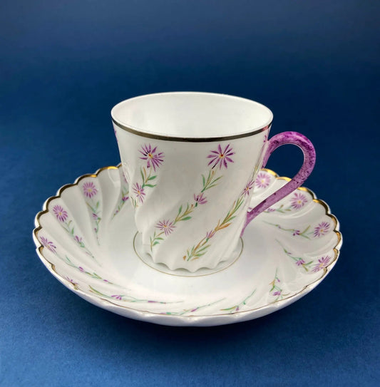 Antique Star Paragon tea set with 5 cups and saucers, white china with purple handle on Tampa Home & Garden Store