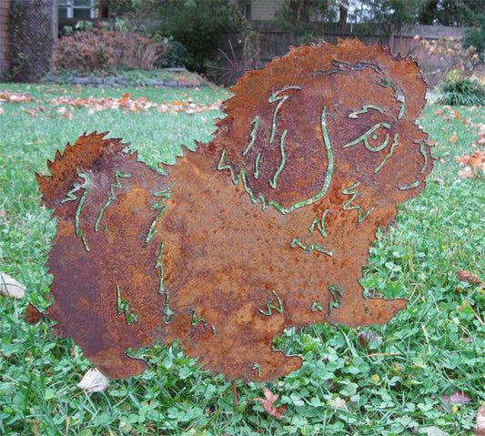 Pekingese garden stake or wall hanging in rusted metal by Rustica Ornamentals, lawn ornament on Tampa Home & Garden Store