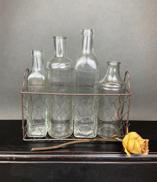 Vintage Glass Apothecary Bottles. Flower Vases in a Metal Basket. Four Collectible Bottles For Shabby Chic Home, Cafe or Store Display. - Tampa Home & Garden Store