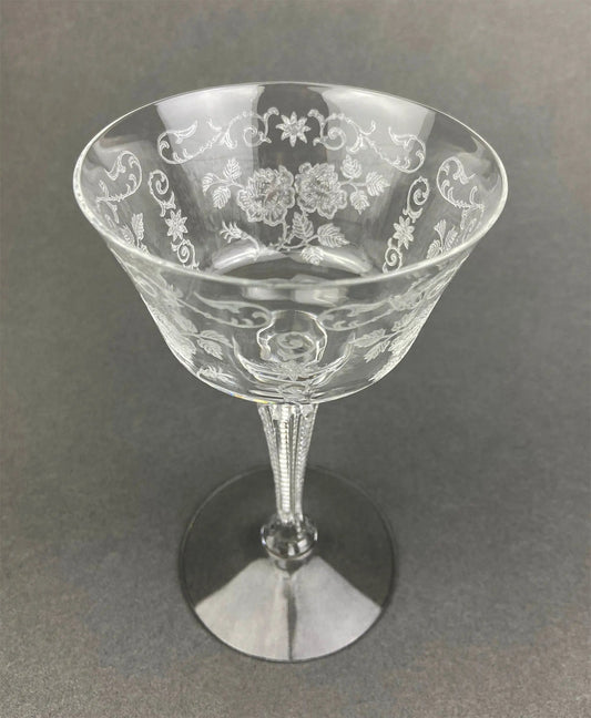 Antique tall sherbet crystal glass with etched floral pattern Fostoria stemware on Tampa Home & Garden Store
