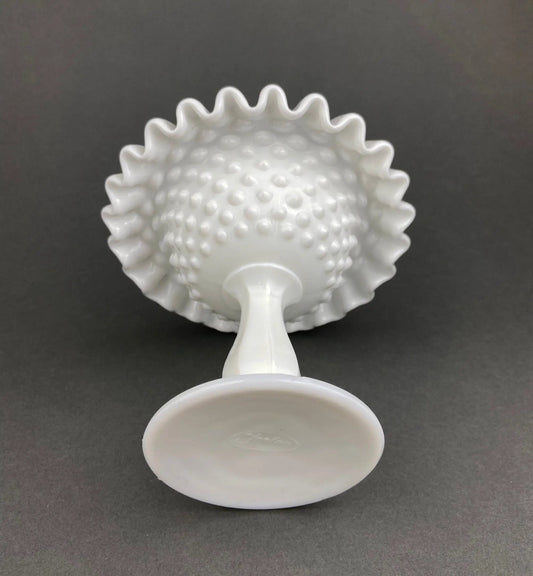 Fenton Milk Glass Candy Dish with Ruffled Edge. Vintage, Hobnail Trinket Dish. White Footed Bowl. - Tampa Home & Garden Store