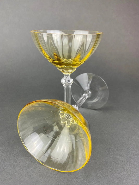 Vintage Fostoria Topaz Tall Claret Glassware Set, yellow-tinted faceted bowls, set of two stemware glasses on Tampa Home & Garden Store