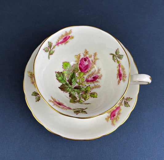 Vintage Royal Chelsey Moss Rose cup with moss rose saucers, pink blooms, gold trim on bone china on Tampa Home & Garden Store
