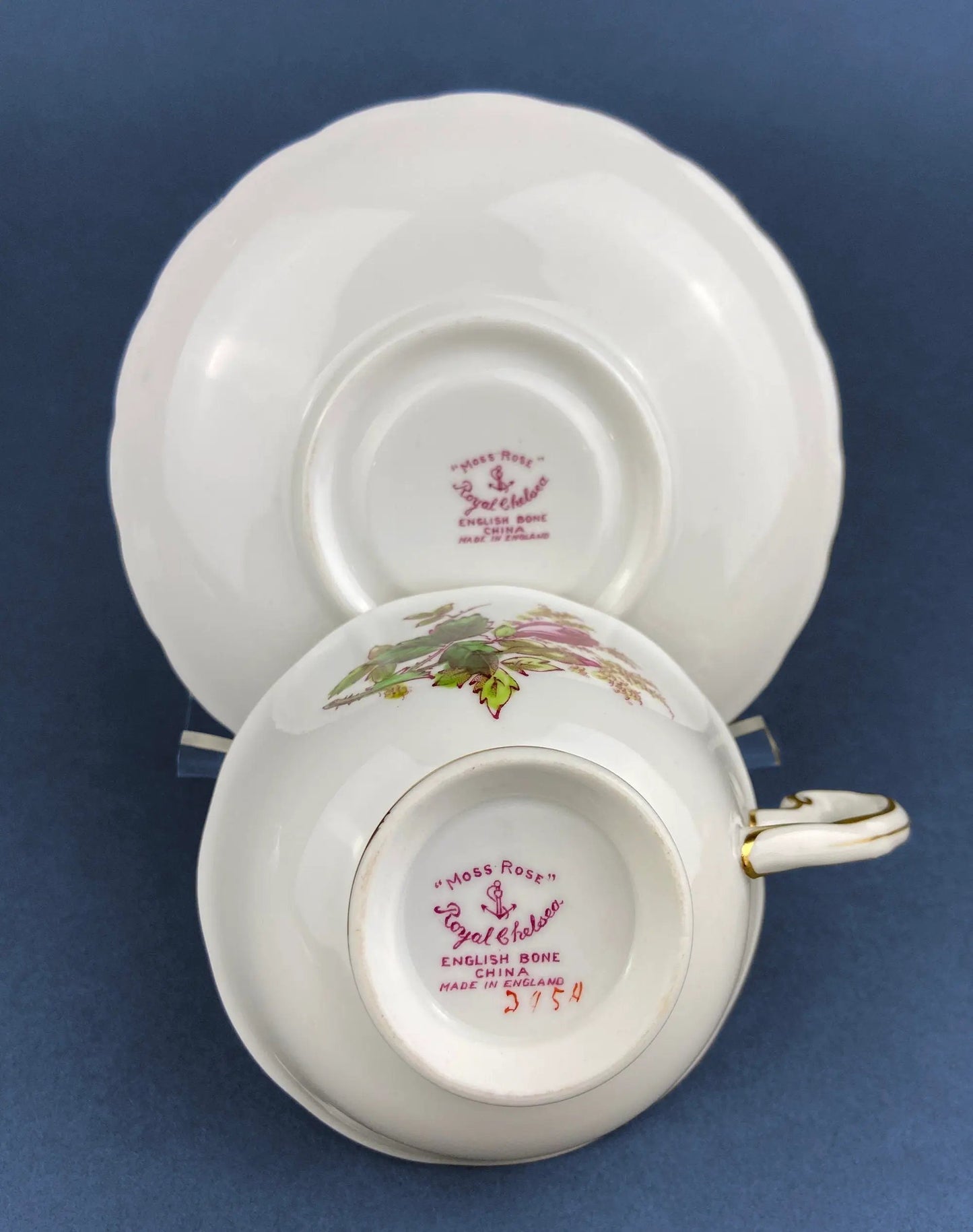 Vintage Moss Rose Royal Chelsea cup and saucer in English bone china with pink floral design on Tampa Home & Garden Store