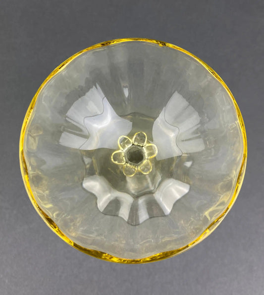 Vintage Fostoria Crystal Topaz wine glass with gold rim, close-up of bowl edge on Tampa Home & Garden Store
