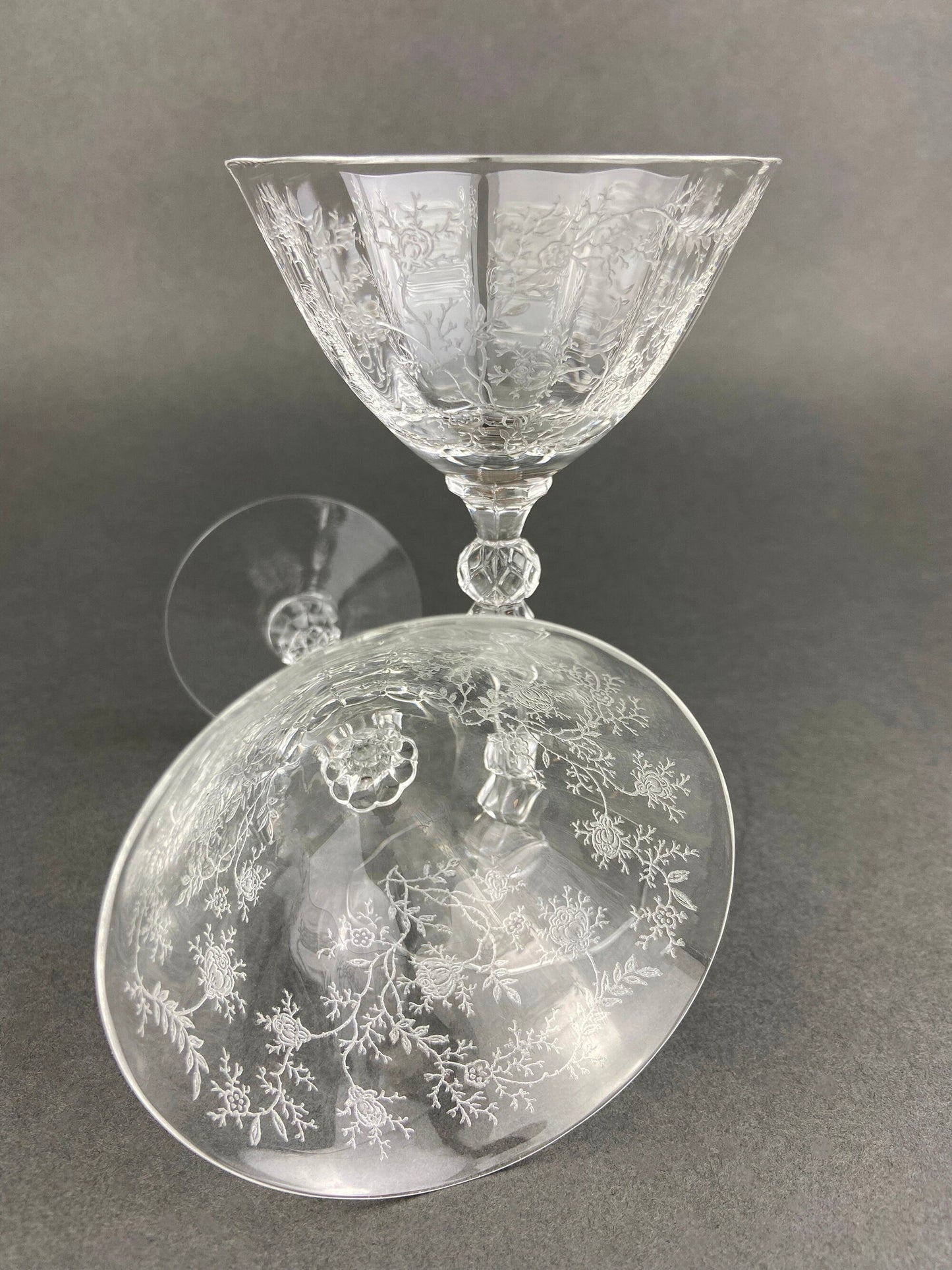Vintage Fostoria crystal claret wine glasses, etched floral pattern, set of 2 on Tampa Home & Garden Store