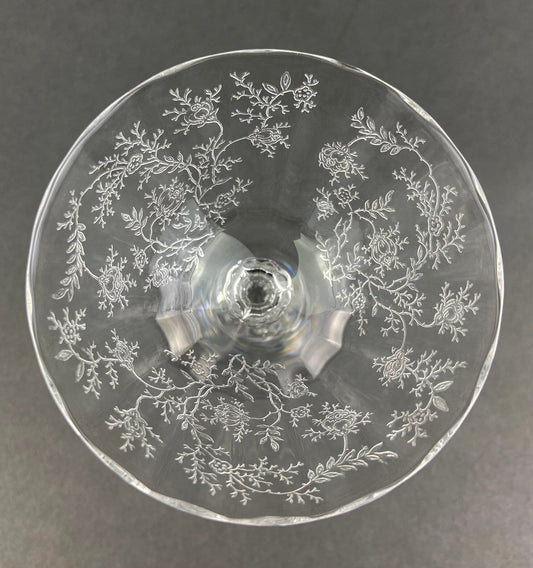 Copas de vino clarete Fostoria vintage. Juego de dos copas con motivos chintz. Alta cocina.