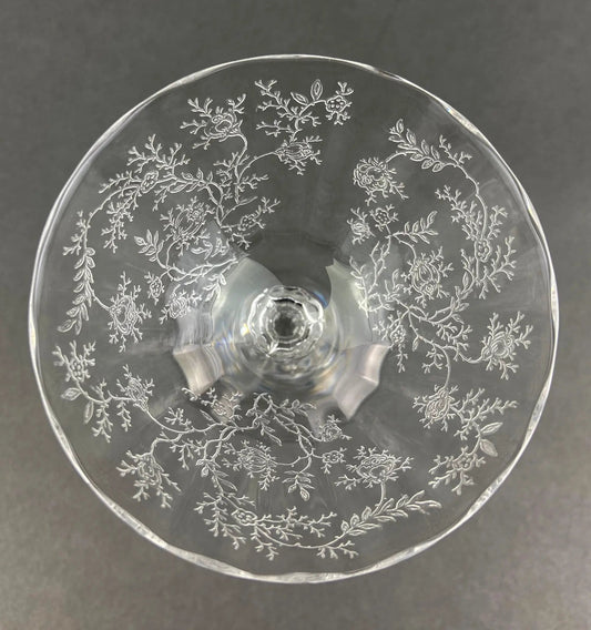Vintage Fostoria claret wine glass with etched floral vine motif, clear crystal on Tampa Home & Garden Store