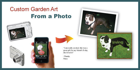 Pet Garden Art: custom dog portraits from photos in framed samples with a phone on Tampa Home & Garden Store