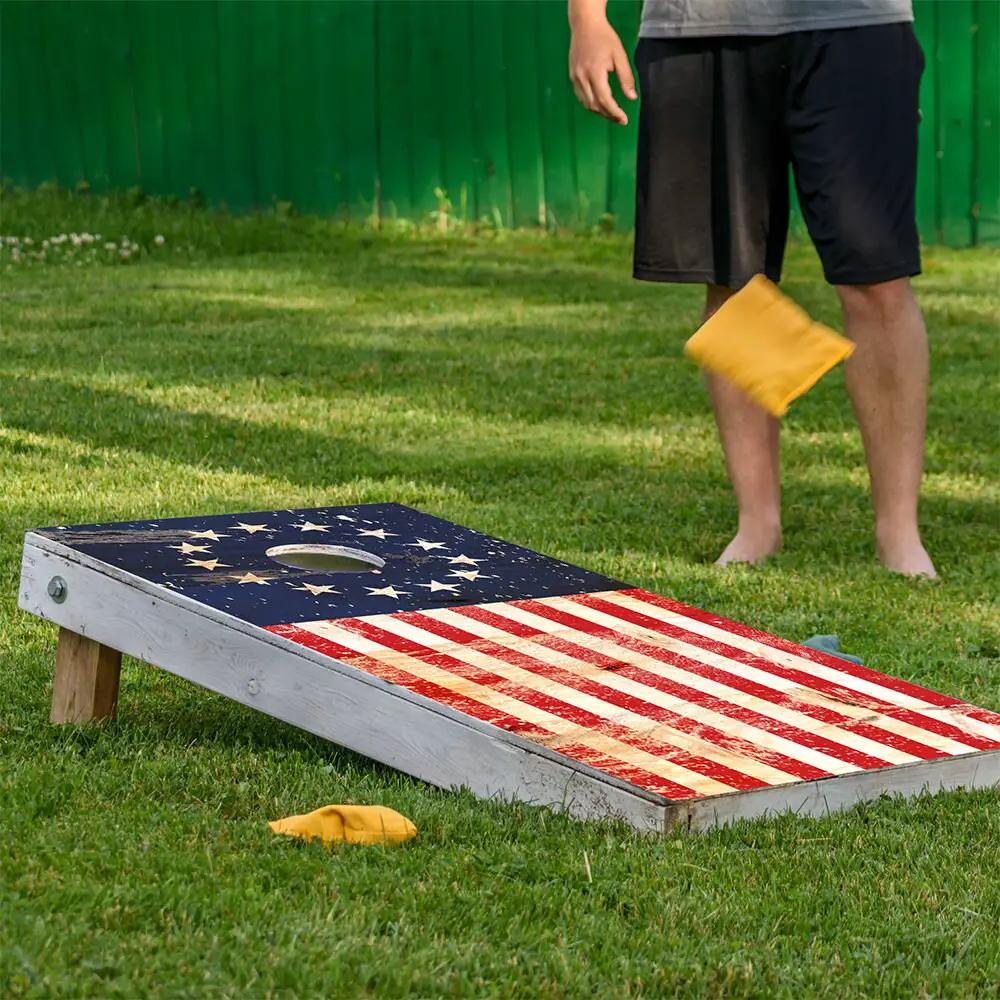 Betsy Ross Flag Cornhole Board Wraps set of 2 navy field with stars and stripes on weathered wood on Tampa Home & Garden Store