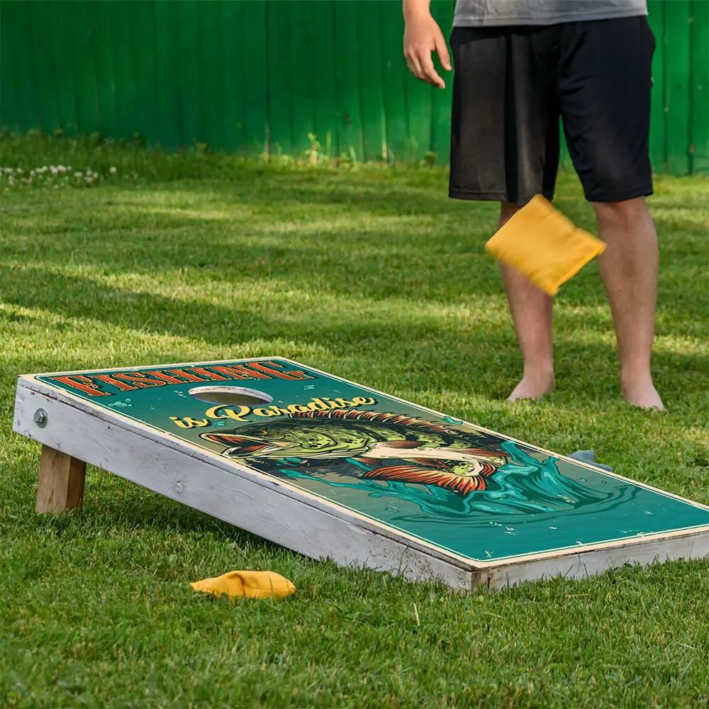 Cornhole board wrap set of 2 featuring bass fishing art in teal with fish design on Tampa Home & Garden Store