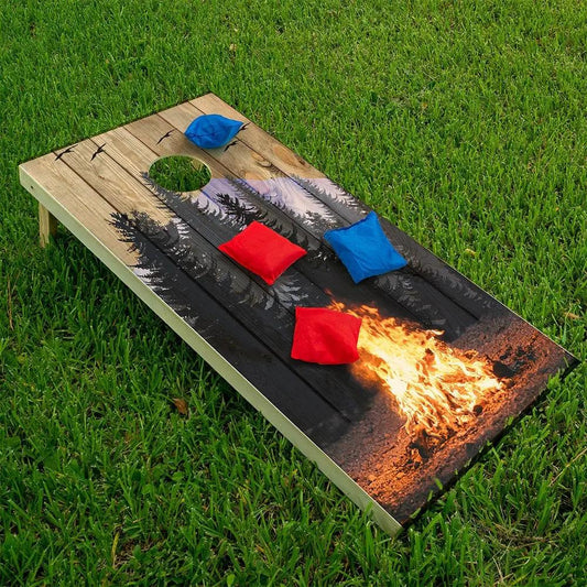 Campfire Cornhole Board Wraps set of 2 with forest silhouettes and campfire on wood planks on Tampa Home & Garden Store