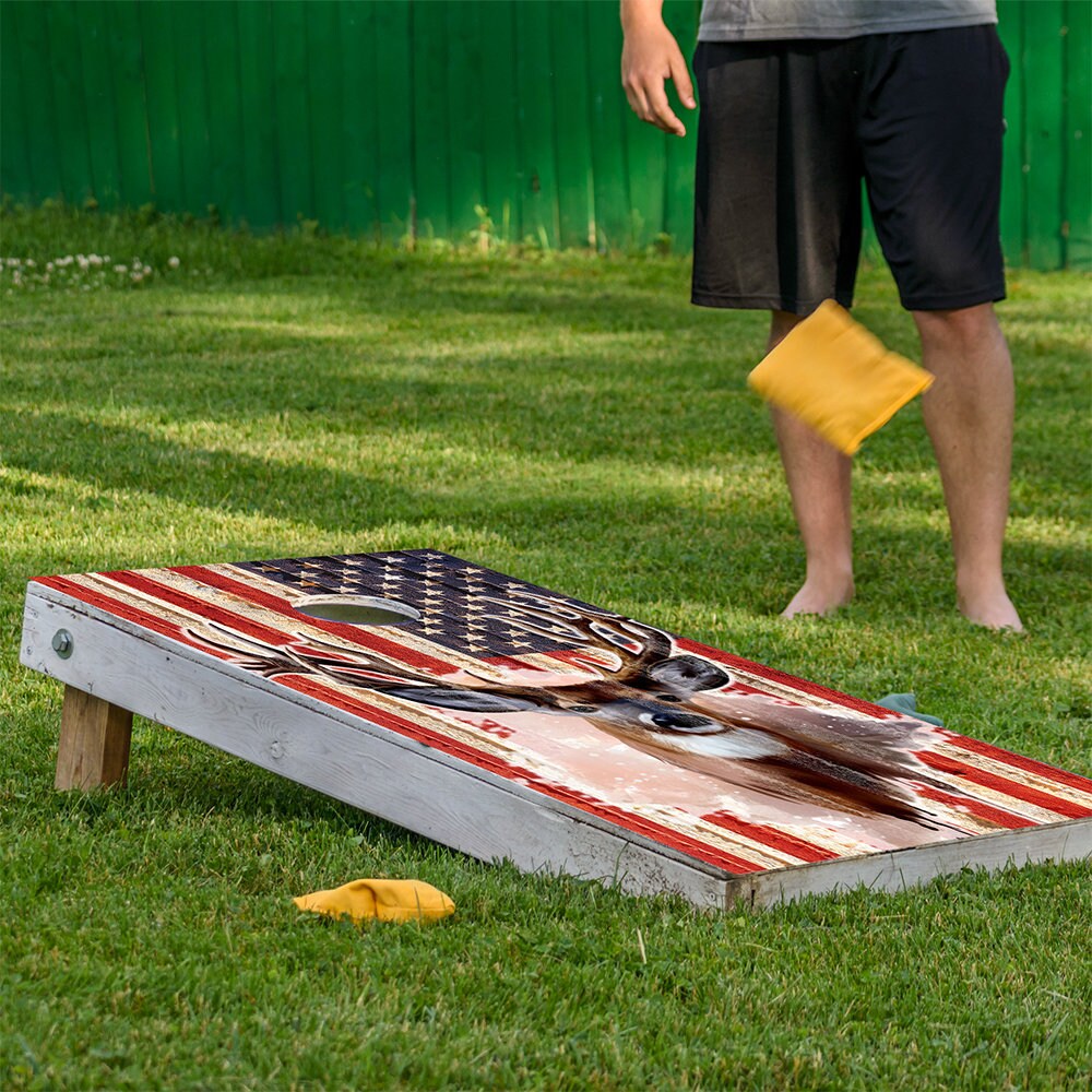 Deer and American Flag Cornhole Wraps set of two for cornhole boards by Lone Star Art on Tampa Home & Garden Store