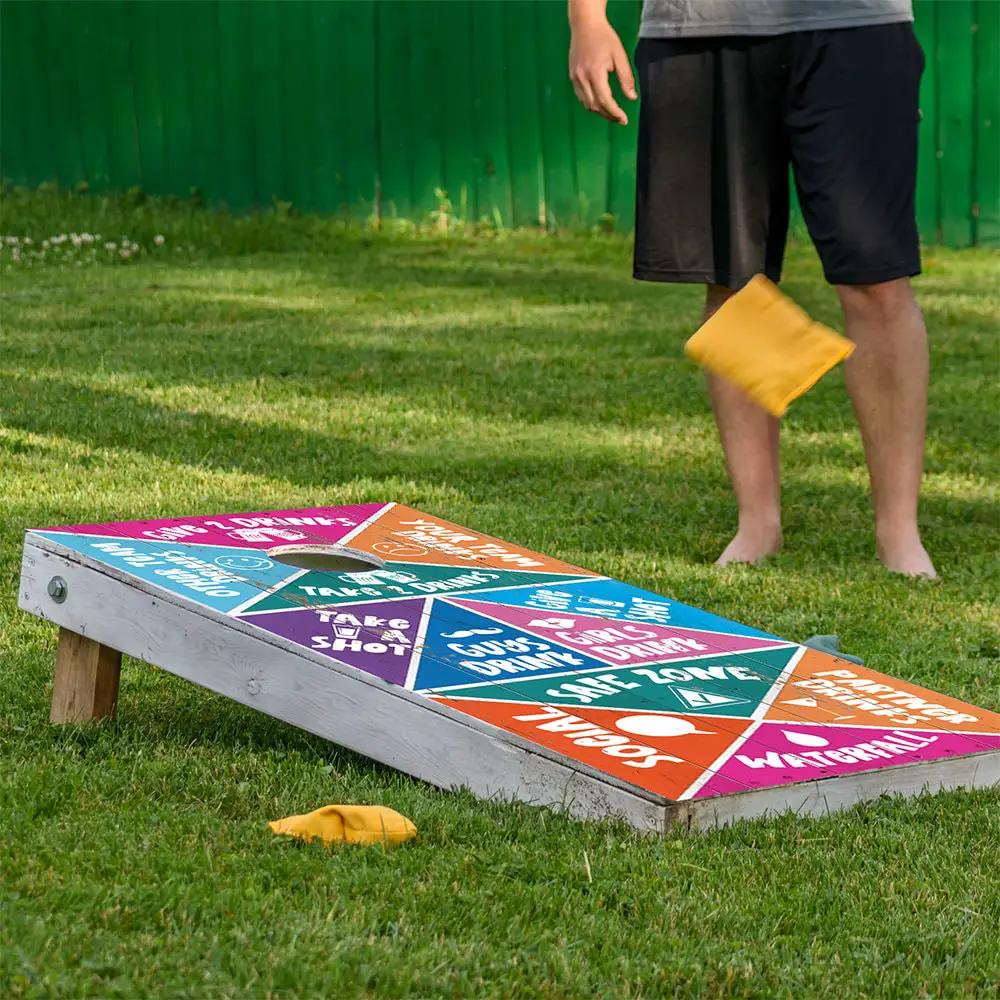 Drinking Game Cornhole Board Wrap Set of 2 by Lone Star Art with colorful geometric panels on Tampa Home & Garden Store