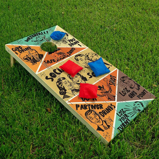 Retro style cornhole board wraps set of 2 featuring colorful vintage comic panels on Tampa Home & Garden Store