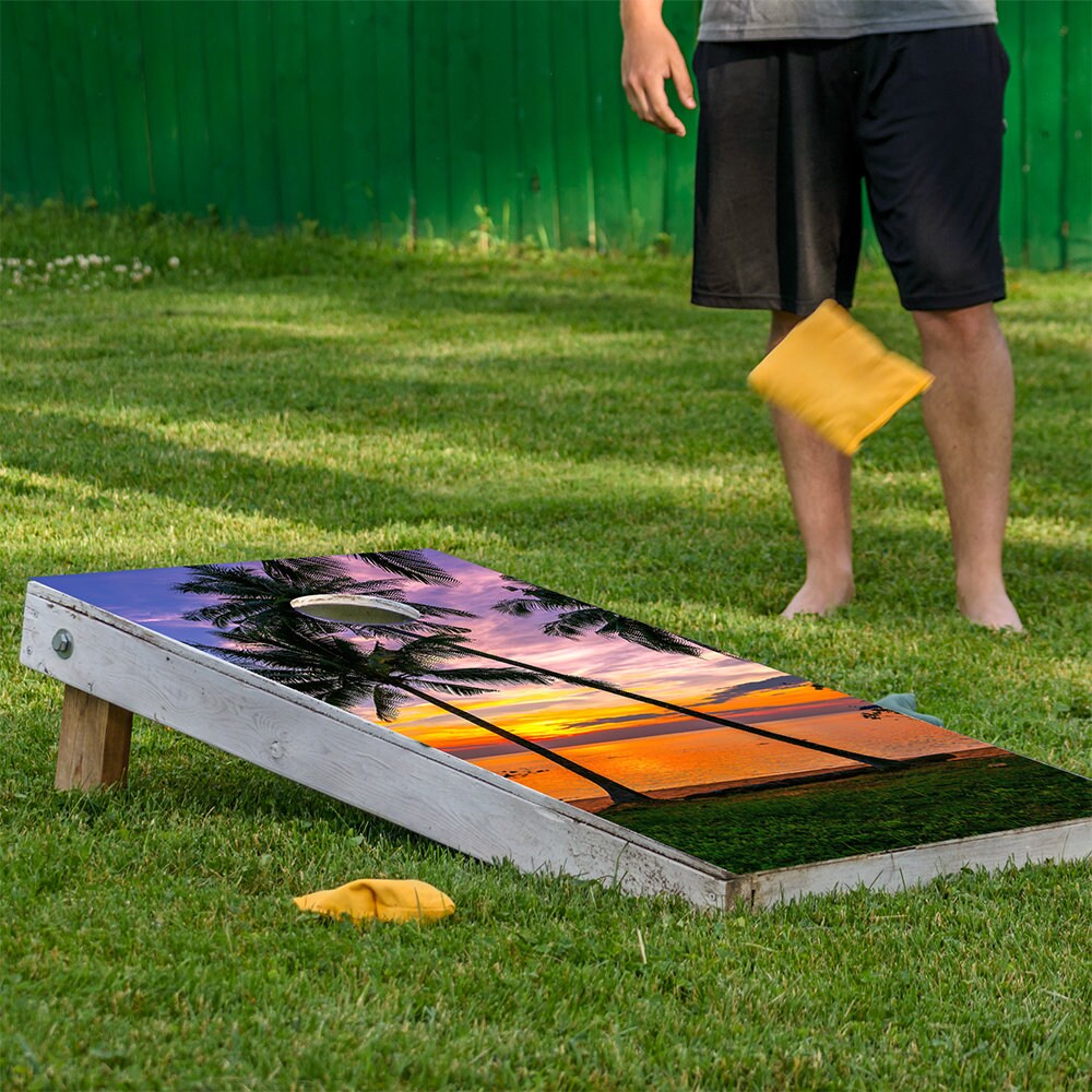 Palm Beach Sunset Cornhole Board Wrap Set of 2 featuring palm tree sunset design on boards on Tampa Home & Garden Store