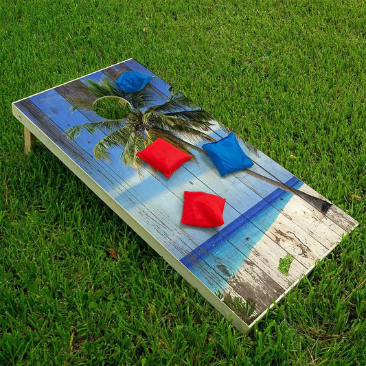Sand and Blue Sky Cornhole Board Wrap with palm tree beach scene on weathered wood panels on Tampa Home & Garden Store