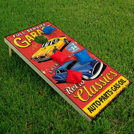 Retro Garage Cornhole Board Wraps - Set of 2 with red-yellow vintage car art on Tampa Home & Garden Store