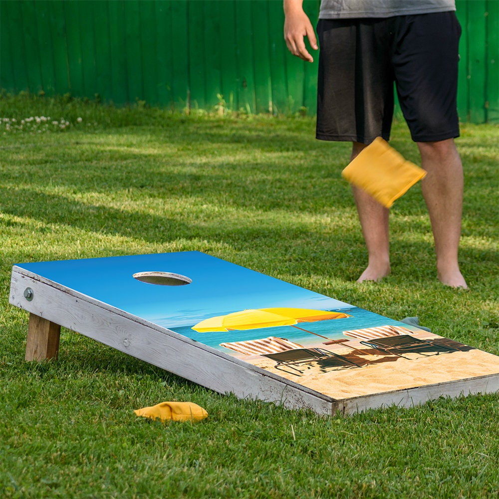 Cornhole board wrap set of 2 Summer Beach Sand by Lone Star Art with blue beach scene on Tampa Home & Garden Store