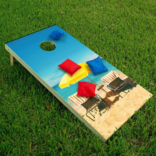 Cornhole board wrap set of 2 Summer Beach Sand beach scene with chairs and umbrellas on Tampa Home & Garden Store