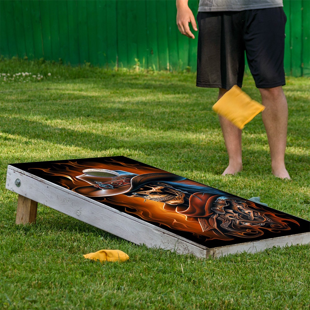 Ghost Cowboys Cornhole Board Wraps by Lone Star Art, set of 2 with fiery flaming cowboy artwork on Tampa Home & Garden Store