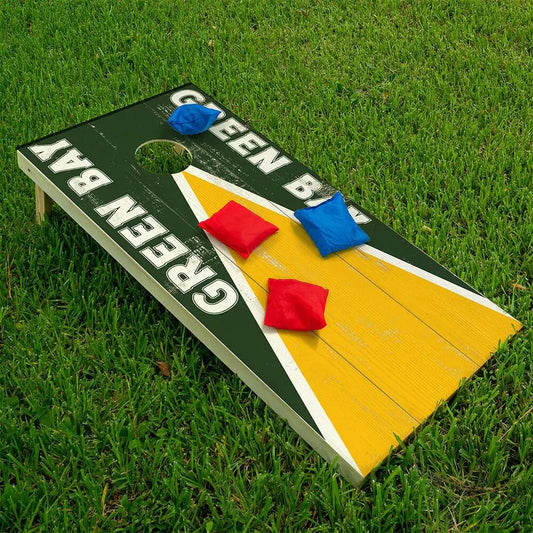 Cornhole wrap set of 2 Green Bay football boards by Lone Star Art with red and blue bags on Tampa Home & Garden Store