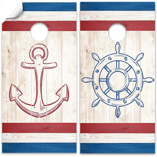 Nautical Cornhole Board Wraps set of 2 with red anchor and blue ship wheel on wood grain panels on Tampa Home & Garden Store