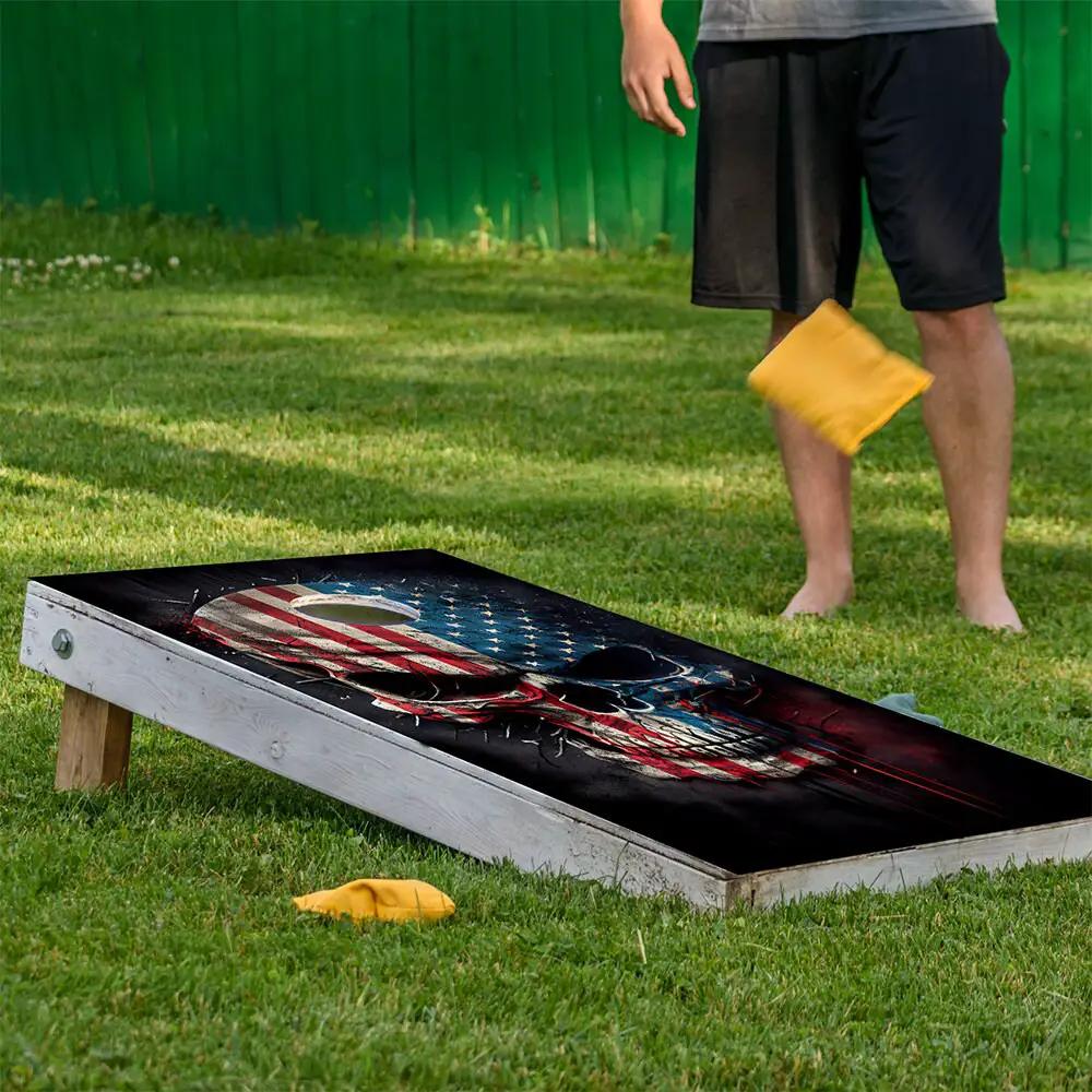 Cornhole board wrap Lone Star Art patriotic skull American flag design on dark background on Tampa Home & Garden Store