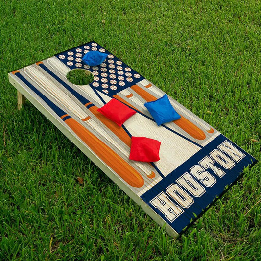 Houston Baseball Cornhole Board Wraps Set of 2 by Lone Star Art navy/orange baseball design on Tampa Home & Garden Store