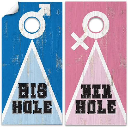 Cornhole wrap set of 2 His Hole Her Hole boards blue and pink by Lone Star Art on Tampa Home & Garden Store