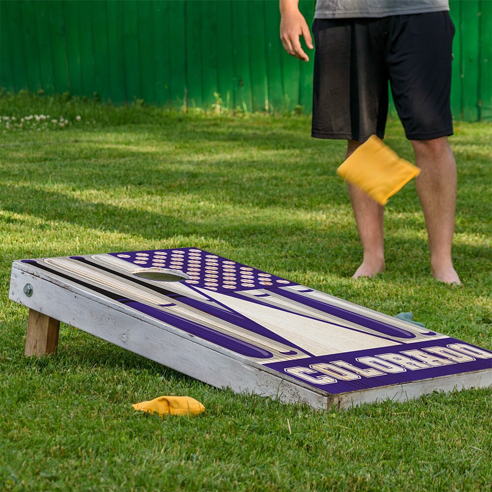 Colorado Baseball Cornhole Board Wraps Set of 2 in purple woodgrain panels by Lone Star Art on Tampa Home & Garden Store