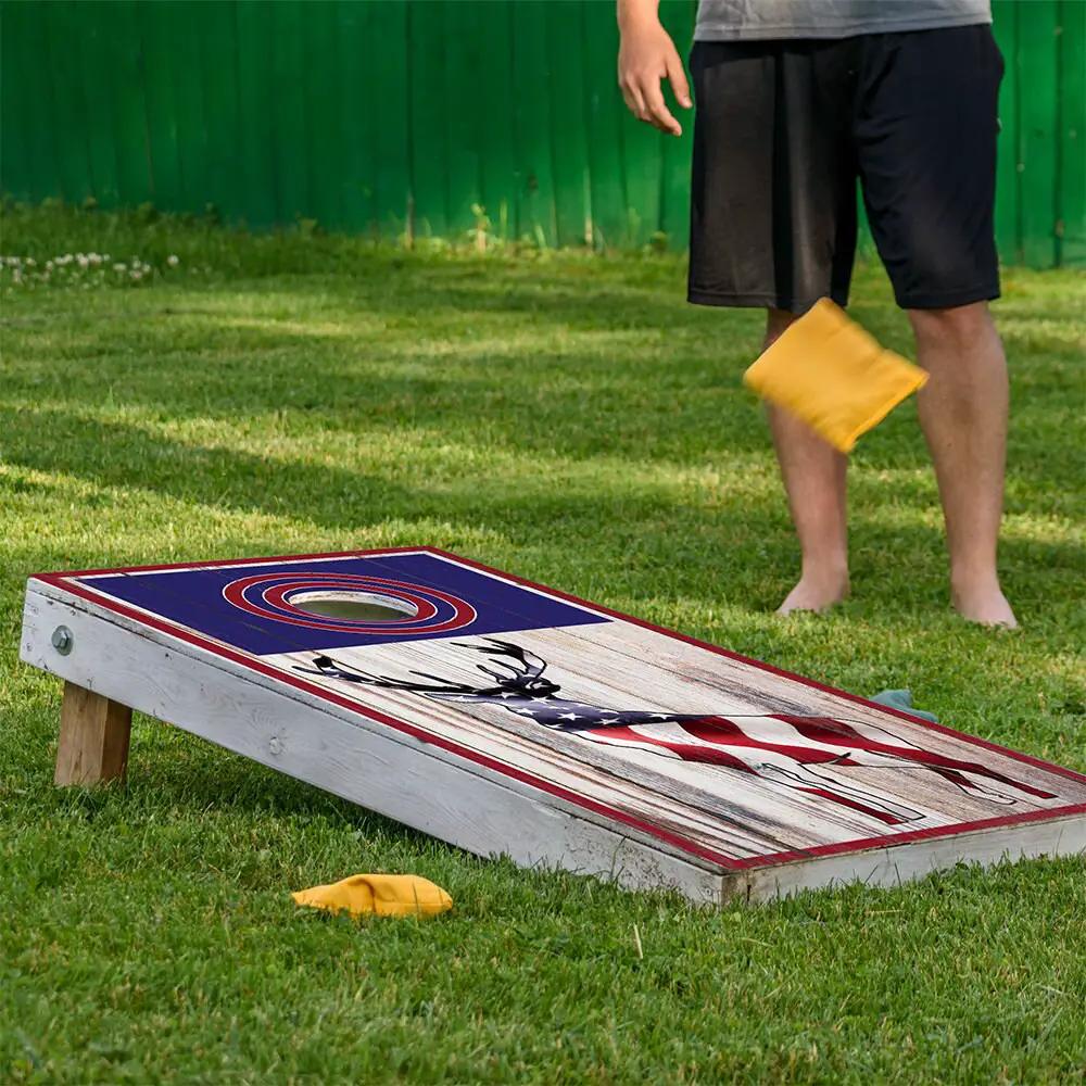 Cornhole Board Wrap Set Elk Hunting American Flag design on white planks by Lone Star Art on Tampa Home & Garden Store